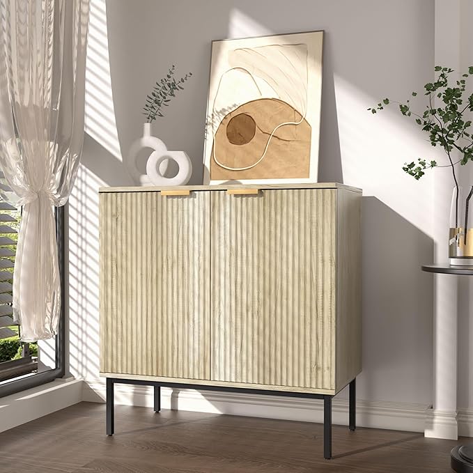 Fluted Sideboard, Buffet Cabinet with Storage, Wooden with Doors and Shelves, Accent Cabinet for Living Dining Room, Entryway