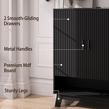 4-Tier Fluted Shoe Cabinet with 2 Doors & Open Shelf, Mid Century Modern Shoe Storage Organizer with Adjustable Shelves, Metal Handles & Wood Legs, Hidden Shoe Rack for Entryway, Hallway
