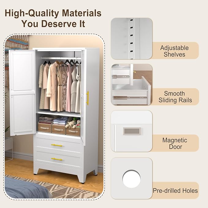 Metal Armoire Wardrobe Closet Storage Cabinet with Hanging Rod,71'' Metal Wardrobe Cabinet with 2 Drawers and Adjustable Shelf,2 Drawers for Bedroom, Laundry Room, Cloak Room