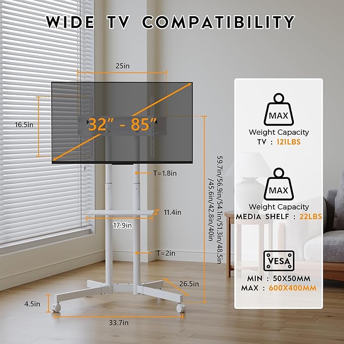 BONTEC Rolling TV Stand with Tilt, Mobile TV Cart for 32–85 Inch LED LCD Flat Curved TVs, Portable Stand with Laptop Shelf, Locking Wheels, Outdoor TV Stand Holds 132 lbs, Max VESA 600x400mm, White