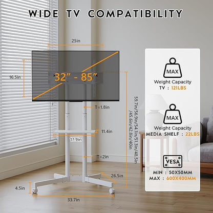 BONTEC Rolling TV Stand with Tilt, Mobile TV Cart for 32–85 Inch LED LCD Flat Curved TVs, Portable Stand with Laptop Shelf, Locking Wheels, Outdoor TV Stand Holds 132 lbs, Max VESA 600x400mm, White