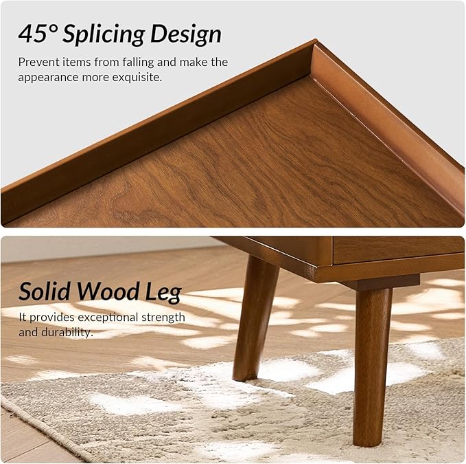 HULALA HOME 2 Drawer End Table with Pull-Out Shelf, Mid-Century Modern End Table with Wood Legs, Wood Side Table with Charging Station(Acorn, Set of 2)