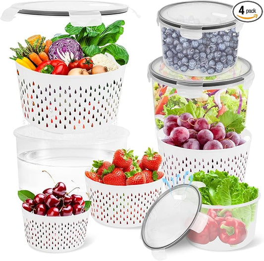 TBMax 8 Pieces Airtight Fruit Storage Containers for Fridge with Air Circulation Vent, 4 Pack Round Produce Saver with Colander for Berry Lettuce Salad Vegetable Storage, Refrigerator Organizers