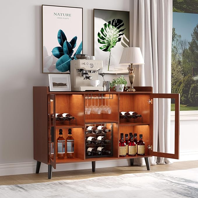 Garvee Modern Wine Bar Cabinet with LED Light, Wood Kitchen Coffee Bar Home Liquor Cabinets with Glass Holder, Doors and Wine Racks Buffet Sideboard with Storage for Living Room