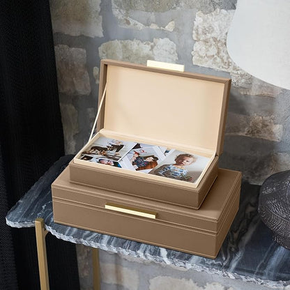 ZICOTO Decorative Storage Boxes with Lids – Set of 2 Beautiful PU Leather Organizer Bins for Your Bookshelf Home Decor - Safely Store Photos, Documents and Memory Box Keepsakes in Style