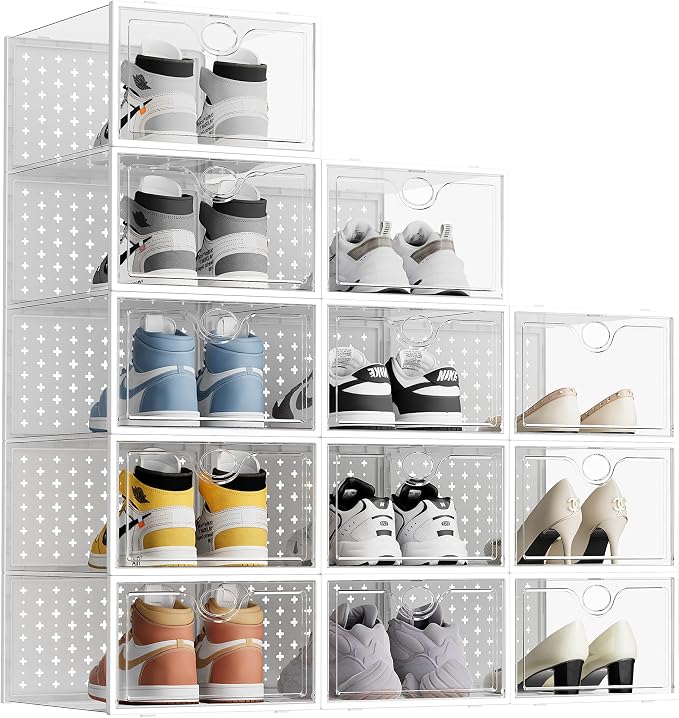 Pinkpum 12 Pcs XLarge Shoe & Sneaker Storage Organizer Box Clear Plastic Stackable Closet White