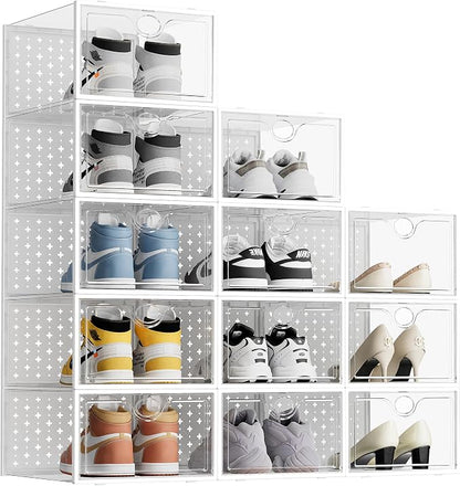Pinkpum 12 Pcs XLarge Shoe & Sneaker Storage Organizer Box Clear Plastic Stackable Closet White