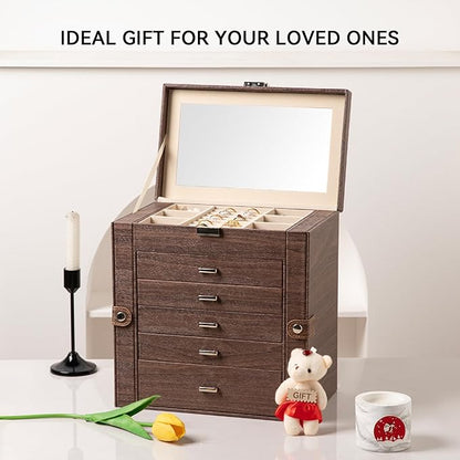 Frebeauty Large Jewelry Box,6-Tier PU Leather Jewelry Organizer,Multi-functional Storage Case with Mirror,Accessories Holder with 5 Drawers for Necklace Bracelets Watches(Tree Brown)