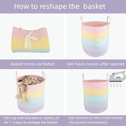 XUANGUO Rope Laundry Basket Hamper for Kids Girl Woven Storage Basket for Living Room Bedroom Boho Tall Baskets for Blanket Toys Pillow Towels Baby Nursery Hamper Bin rainbow Large
