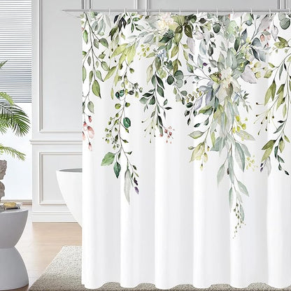 Gibelle Extra Long Shower Curtain 72 x 84, Tall Sage Green Floral Fabric Shower Curtain, Watercolor Plant Eucalyptus Leaves Bathroom Curtains Shower Set