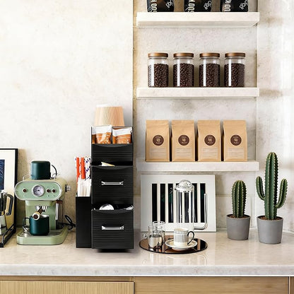 SZQINJI Coffee Condiment Organizer 11-Compartment Breakroom Coffee Station Organizer Countertop Cup Storage with 2 Drawers Black