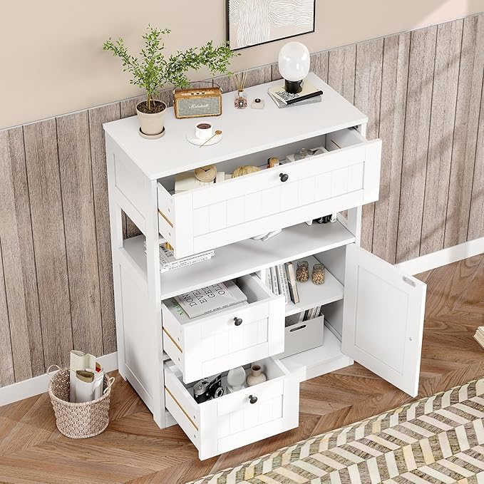 GRUSIGN Bathroom Cabinet, Modern Bathroom Floor Storage Cabinet Organizer with 1 Door and 3 Drawers, Freestanding Cupboard for Kitchen/Living Room Use