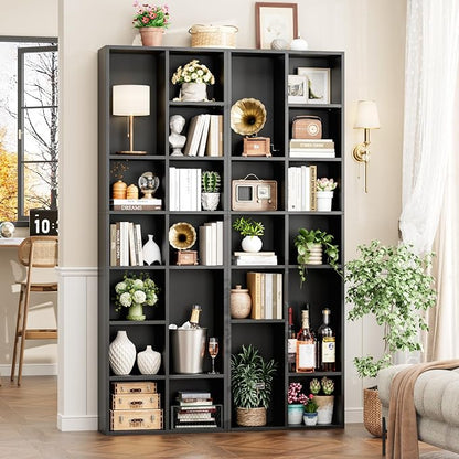 FOTOSOK 71'' Tall Bookshelf with 14 Cubes, 7 Tier Double Wide Black Bookshelf with 6 Adjustable Shelves, 19.6" Narrow Bookcase DVD/CD Media Storage, Space Saving Display Shelf Cabinet, Black