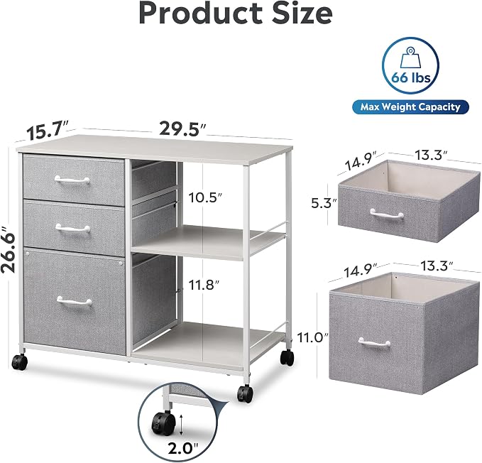 DEVAISE 3 Drawer Mobile File Cabinet, Rolling Printer Stand with Open Storage Shelf, Fabric Lateral Filing Cabinet fits A4 or Letter Size for Home Office, Light Grey