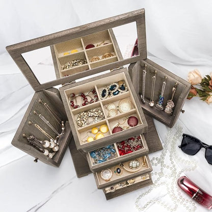 Emfogo Jewelry Box for Women, Rustic Wooden Jewelry Boxes & Organizers with Mirror, 4 Layer Jewelry Organizer Box Display for Rings Earrings Necklaces Bracelets (Weathered Gray)
