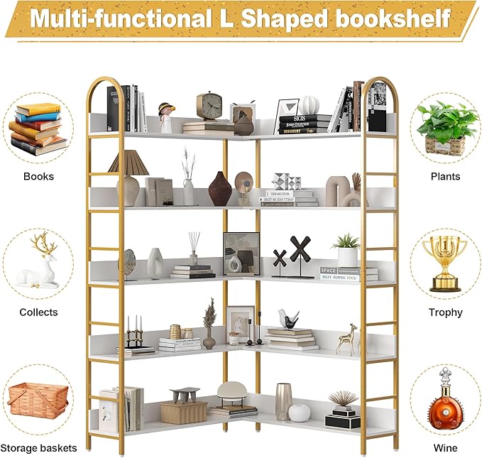 Nosepen Corner Bookshelf, 5 Tiers Tall Open Corner Etagere Bookcase Storage Organize, L-Shaped Large Corner Bookshelves, Corner Shelf Storage Display Rack with Metal Frame for Living Room Home Office