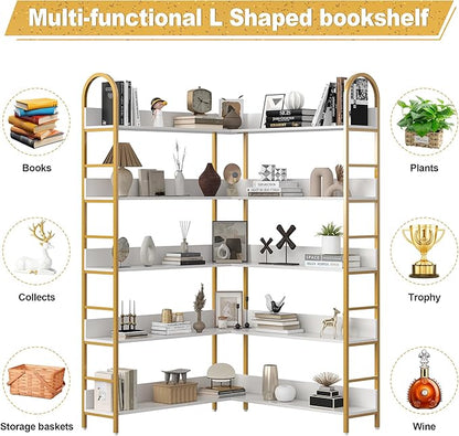 Nosepen Corner Bookshelf, 5 Tiers Tall Open Corner Etagere Bookcase Storage Organize, L-Shaped Large Corner Bookshelves, Corner Shelf Storage Display Rack with Metal Frame for Living Room Home Office