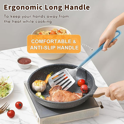 2 Pcs Stainless Steel Cooking Spoons Set, Solid & Slotted Metal Serving Spoons, Heavy Duty Sturdy Large Soup Ladle, High Heat Resistant Kitchen Cooking Utensils for Mixing, Stirring, Easy to Clean