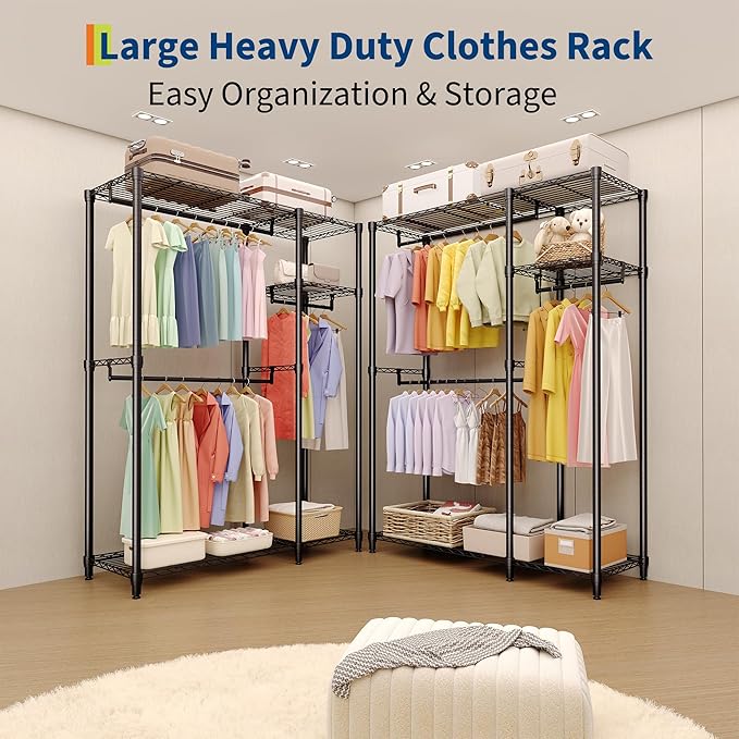 Heavy Duty Clothes Rack, 3-Tier Clothing Rack with Shelves, Freestanding Closet Organizer and Storage System with Hanger Rods for Bedroom & Laundry Room, Metal Garment Racks, Black