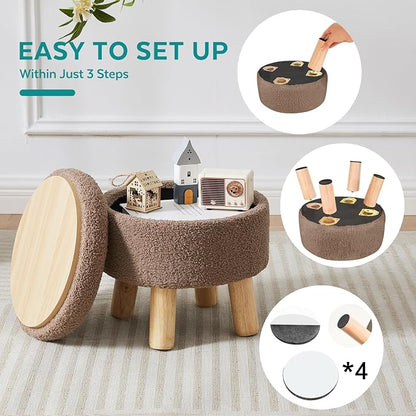 Small Foot Stool Ottoman with Storage, Sherpa Ottoman Foot Rest for Couch, Round Footstool with Storage, Small Ottomans and Footstools for Living Room and Entryway (Brown)