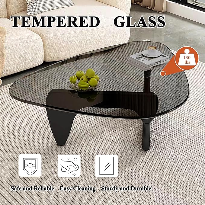 Mid Century Modern Glass Coffee Table, Coffee Table for Living Room, Noguchi Coffee Tables,Suitable for Bedroom Living Room Reception Office Tables (Black/Grey, ML)