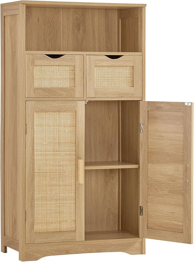 Iwell Storage Cabinet with 2 Drawers & Adjustable Shelves, Rattan Cabinet, Kitchen Pantry Cabinets, Cupboard for Living Room, Kitchen, Home Office, Natural SNG008NR