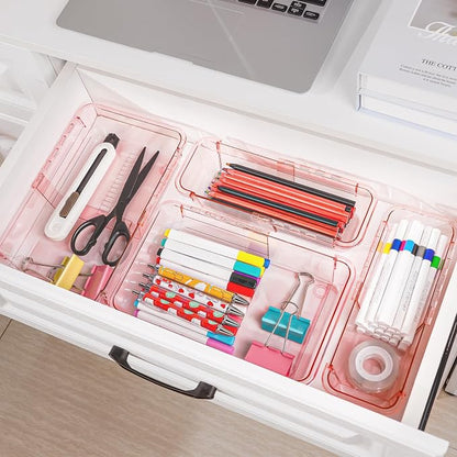 25 Pcs Clear Drawer Organizer, Adjustable Drawer Storage Box, 3-Size Desk Drawer Organizer, Acrylic Storage Bins for Makeup, Kitchen Utensils, Bedroom Dressers Tool Organizer for Gadgets, Pink