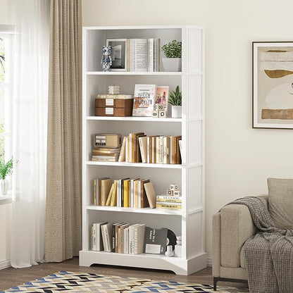 TVU 5-Tier Wooden Book shelf, 65"H × 31.5"W × 9.9“D Bookshelf with Storage, Floor-Standing Display Bookcase, Farmhouse Style Bookshelf with Arched Base, Suitable for Living Room, Study, Office, White