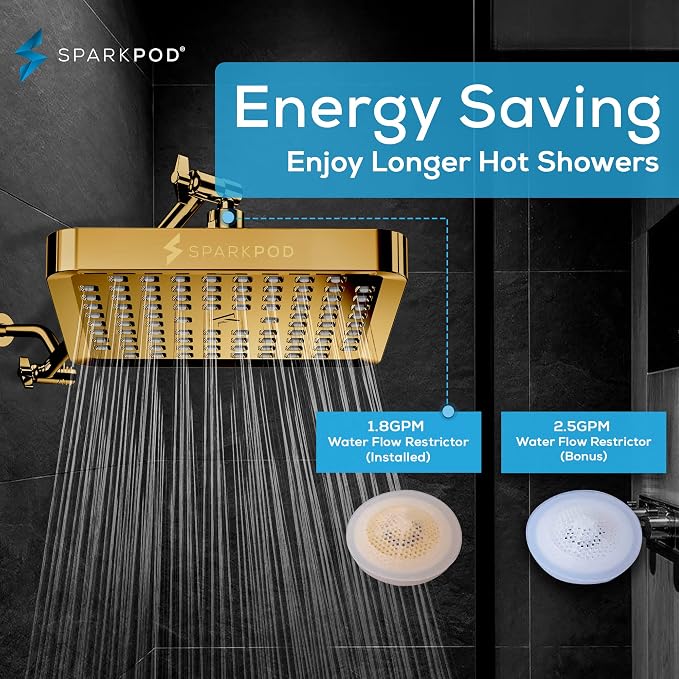 SparkPod Rain Shower Head, 6 Inch Square | High Pressure Shower Heads, 90 Nozzle (Touch-to-Clean), Adjustable Showerhead, No-tool Universal Connection