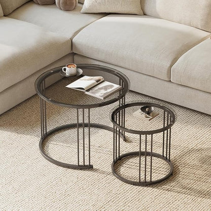 Garden 4 you Nesting Coffee Table, 23.6" Round Coffee Table Set of 2, Glass Nesting Table with Metal Frame, Ceter Tables for Living Room Bedroom Balcony, Grey