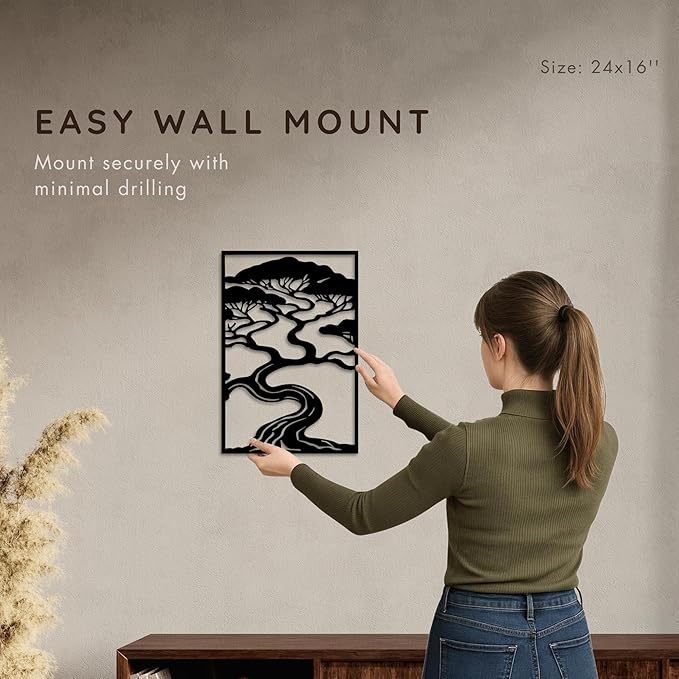 Bonsai Tree Metal Wall Art, Zen Nature Inspired Outdoor & Indoor Decor, Modern Framed Garden Wall Sculpture for Patio, Balcony, Living Room or Entryway (24×16 inches)