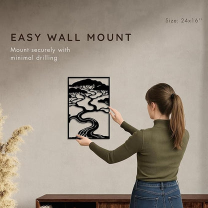 Bonsai Tree Metal Wall Art, Zen Nature Inspired Outdoor & Indoor Decor, Modern Framed Garden Wall Sculpture for Patio, Balcony, Living Room or Entryway (24×16 inches)