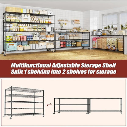 PrimeZone 5 Tier 80.7" Hx55.5 Wx24 D Wire Shelving with Wheels 3000lbs NSF Certified Storage Shelves Heavy Duty Metal Shelf Adjustable Rolling Rack Commercial Garage Restaurant Warehouse Kitchen 4Pcs