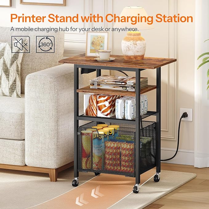 HOOBRO Printer Stand, Printer Table with Charging Station, Printer Cart with Hanging File Folder Organizer, Rolling File Cabinet Cart, Shelf for Home Office, Rustic Brown and Black BF17UPS01
