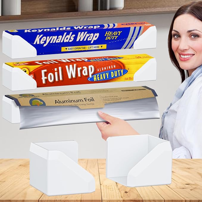 Skywin Adhesive Foil and Plastic Wrap Organizer, Fits Box Width up to 2.63in/67mm Aluminum Foil Organization and Storage – Heavy Duty Holder (White)
