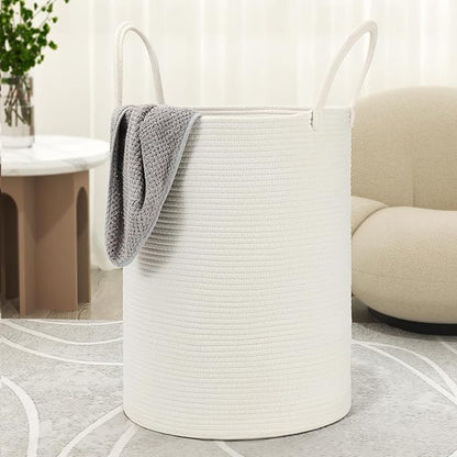 58L Cotton Rope Laundry Basket (20"x15"),Woven Basket for Storage Dirty Clothes Basket for Laundry, Living Room, Nursery, Bedroom Rope Storage Basket for Blankets（White）