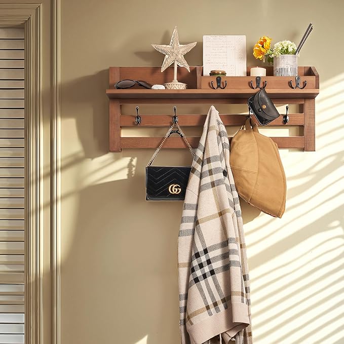 Coat Rack Wall Mount with Shelf - Wooden Entryway Organizer for Hanging Coats, Keys, Hangers - Space Saving Durable Wood Holder for Hallway, Bedroom, Office-The Essential Model