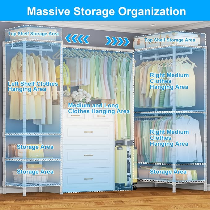 E10L L-Shaped Clothes Rack for Corner（With Expandable Hanger Rod）Heavy Duty Freestanding Clothing Racks for Hanging Clothes，Portable Garment Rack 58-82"W x 30"D x 72"H，Max Load 900LBS, White