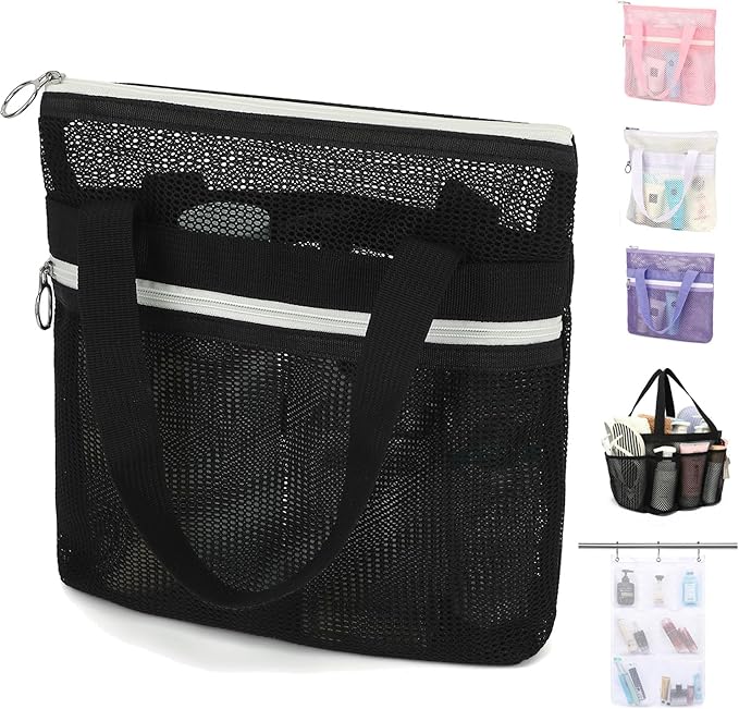 GYEUKHAM Mesh Shower Bag with 2 Zipper Pockets & Dual Handles, Quick-Drying Hanging Shower Caddy for College Essentials,Sunscreen,Dorm, Gym, Travel & Camping, Black