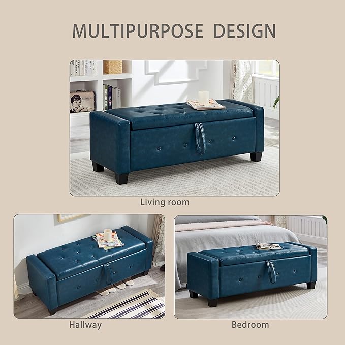 Furniliving Storage Bench, 48‘’ Upholstered PU Leather Ottoman Bench with Button-Tufted, Folding Bedroom Bench with Wood Legs, Entryway Bench for Bedroom, Navy Blue