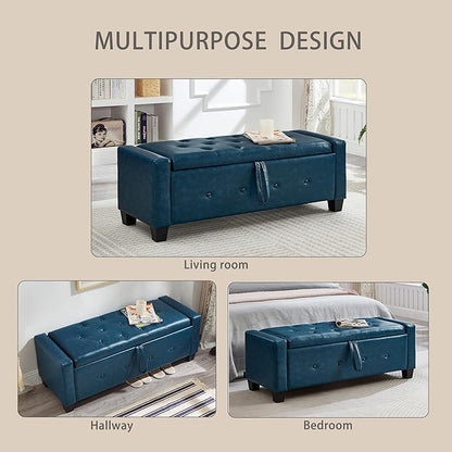 Furniliving Storage Bench, 48‘’ Upholstered PU Leather Ottoman Bench with Button-Tufted, Folding Bedroom Bench with Wood Legs, Entryway Bench for Bedroom, Navy Blue