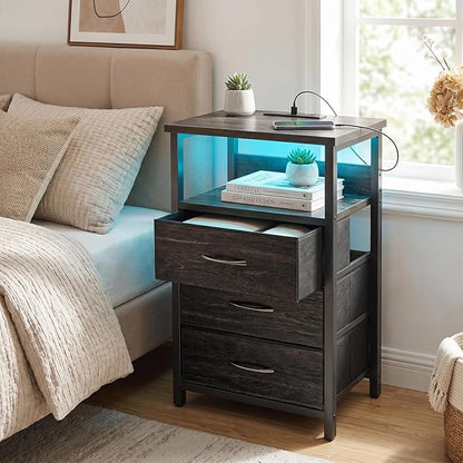 Fixwal Night Stand with Charging Station, LED Nightstand with Fabric Drawers, End Table with PU Finish, Bed Side Table, Black Oak