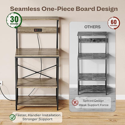 SUPERJARE Kitchen Bakers Rack with Power Outlet, Coffee Bar Table 4 Tiers, Kitchen Microwave Stand with 6 S-shaped Hooks, Kitchen Storage Shelf Rack for Spices, Pots and Pans - Greige