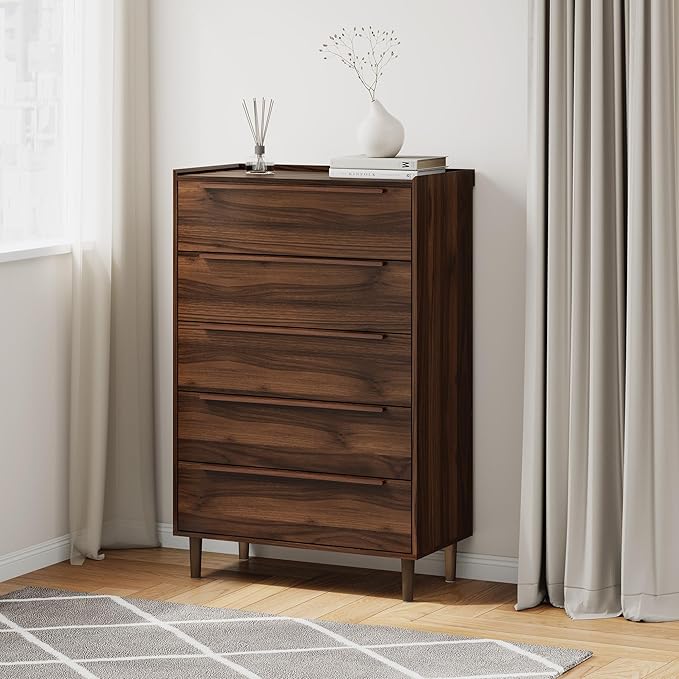 5-Drawer Dresser, 48" Tall Walnut Chest of Drawers for Bedroom, Mid Century Modern Storage Organizer for Closet, Hallway, or Small Apartment
