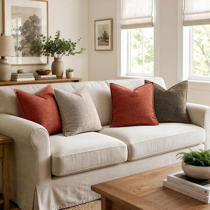 MIULEE Pack of 2 Couch Throw Pillow Covers 20x20 Inch Natural Beige Farmhouse Decorative Pillow Covers with Stitched Edge Taupe Soft Chenille Solid Dyed Pillow Covers for Sofa Bed Living Room