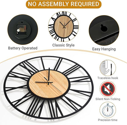 Blorple 20inch/50cm Large Wall Clocks for Living Room Decor,Bedroom,Battery Operated,Metal,Decorative,Analog,Silent,Non Ticking Big Wall Clock(Wooden Roman Numerals, 20 inches)
