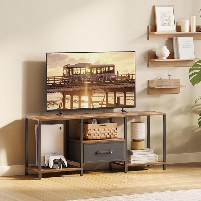 JARHETUN TV Stand with Fabric Drawer for 55 Inch TV, Entertainment Center with Open Shelves, Media TV Console Table for Living Room, Bedroom, Rustic Brown