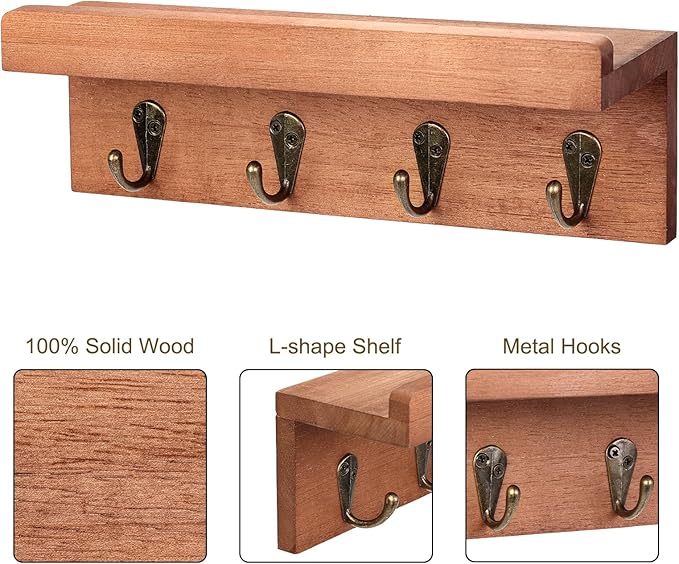 Rustic Key Holder for Wall, Farmhouse Wall Shelf with 4 Hooks, Wall Mounted Key Racks, Wooden Mail Organizer with Hooks for Entryway (Brown - Oak)