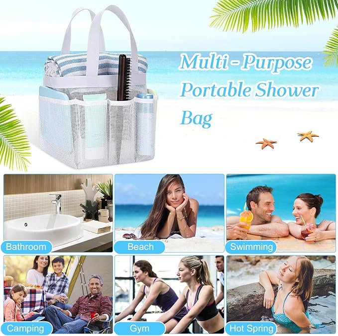 Hillban 4 Pcs Mesh Shower Caddy Portable Shower Caddy for Dorm Beach Mesh Bags with Deeper 8 Pockets and Handles Showers Caddies Basket for Women College Room Vacation(White)