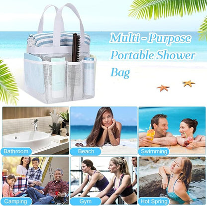 Hillban 4 Pcs Mesh Shower Caddy Portable Shower Caddy for Dorm Beach Mesh Bags with Deeper 8 Pockets and Handles Showers Caddies Basket for Women College Room Vacation(White)